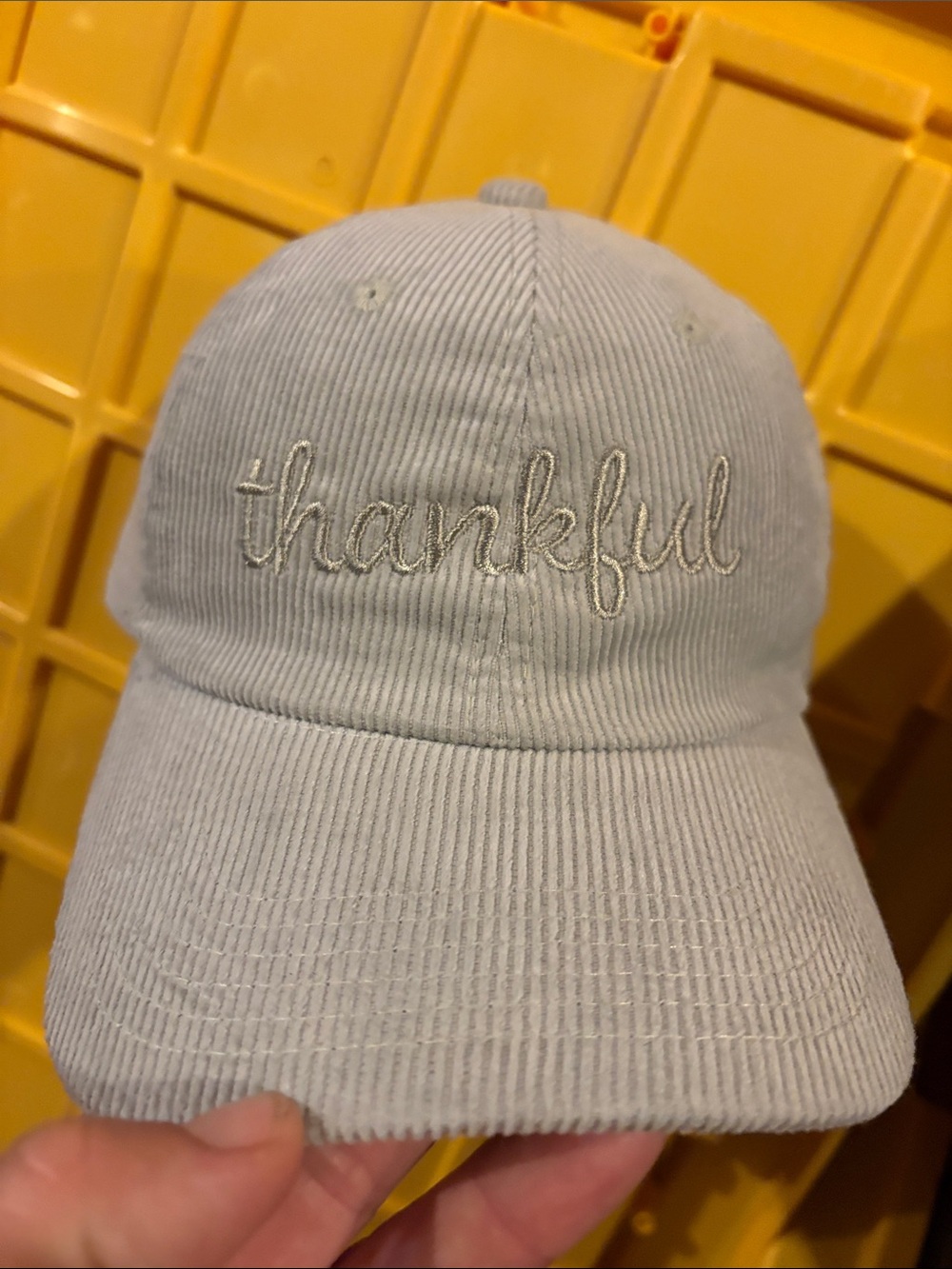Corduroy Baseball Cap - Light Green "thankful" Embroidery